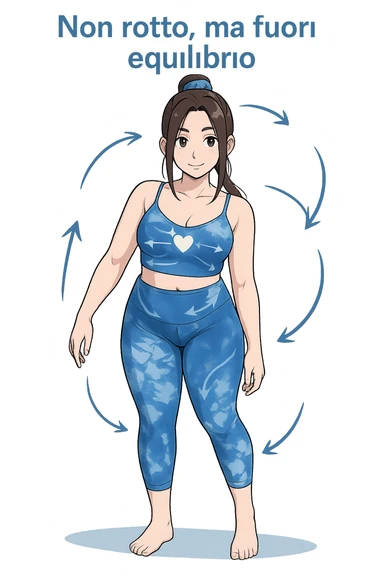 stile manga a woman stands in a relaxed pose, with a gentle, confident expression. Her body is shown with subtle, curved lines or arrows indicating areas of imbalance (such as a slight tilt in the shoulders or hips), but no signs of injury or damage. A soft glow or heart symbol at her core emphasizes resilience and the message “Non rotto, ma fuori equilibrio” The background is clean and clinical, with light blue tones. sticker