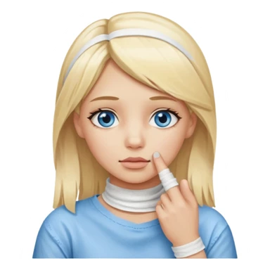 blonde-haired, blue-eyed, fair-skinned girl with her entire index finger fully bandaged, placing the bandaged finger on her chin and thinking sticker