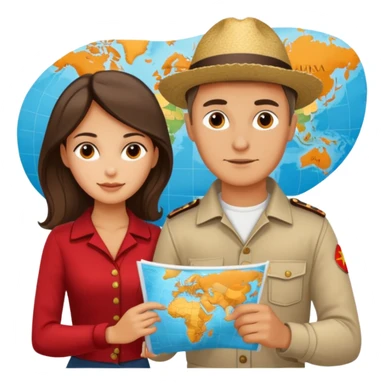 Russian man and elegant Spanish girl in costal outfits with a map planning  sticker