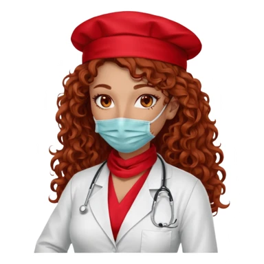 Sensual Spanish Lilith core evil surgeon.red outfit.  Surgeon has hazel eyes. Her hair is BROWN. Hair is also  long and  curly. wearing a sexy surgeon outfit with platform  heels.she is a calculated smart killer. She covers only her mouth and nose with silk scarf to hide identity  sticker