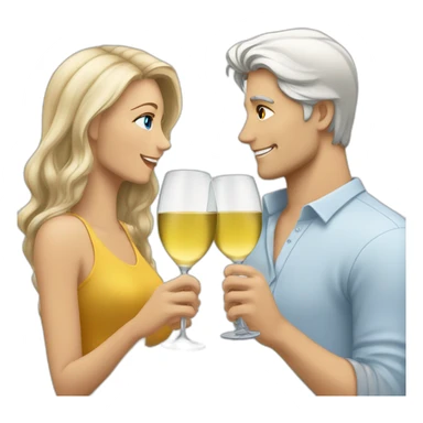 A white female with brown eyes and blond medium long hair and a white male with blue eyes and grey hair, they toast to each other with a glass of white wine. sticker