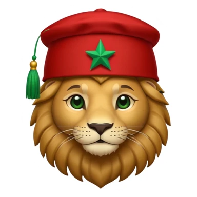 Cute lion emoji face wearing a red Moroccan fez with a green star on the front and a black tassel on the right side. Solid dark-blue background. sticker