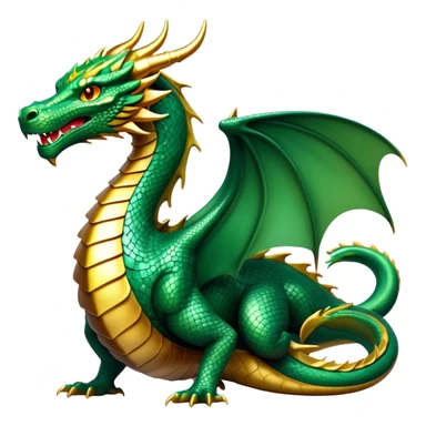 cinematic-noble-dragon-full body-emoji,-poised-and-majestic,-with-a-sinuous,-elongated-build-and-shimmering,-scale-covered-skin-in-hues-of-emerald-and-gold,-piercing,-fiery-eyes,-simplified-yet-sharp-and-sophisticated-features,-highly-detailed, zoomed out showing the serpentine body sticker