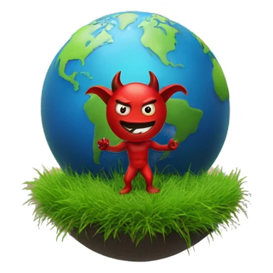 The devil standing on some grass with a tiny planet earth revolving around it sticker