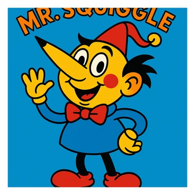 Mr. Squiggle, whimsical cartoon character with a pencil nose, playful and friendly expression, vibrant toon style sticker
