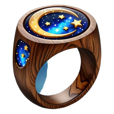 dark wood ring with epoxy resin in space and stars motifs crystal sticker