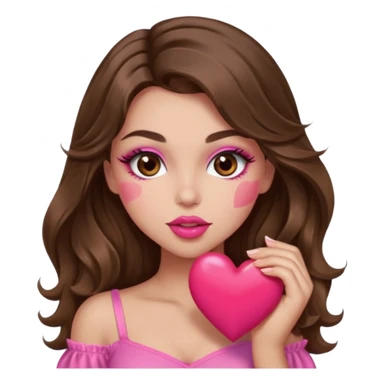 girl with long wavy brown hair, brown eyes, long lashes makeup, sexy pink lips, light to medium complexion, wearing a pink sexy top, sexy , puckering, blushing, kissing a heart sexy sticker