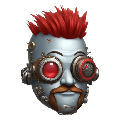 Round cyborg head with red Mohawk, red beard. silver steampunk monocle goggles a smile and circuits sticker