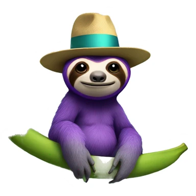 Purple sloth sitting on a banana tree wearing a bowler hat that is turquoise with an evil face  sticker