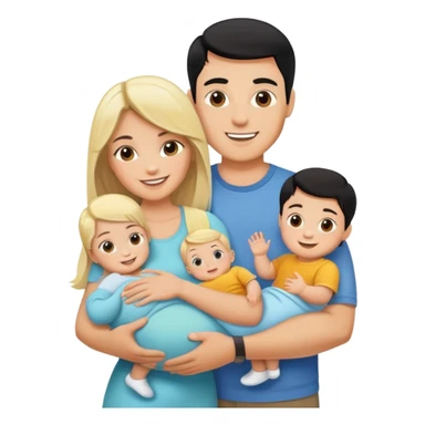 family with blond dad, brunette mom, blonde son, daughter with black hair, and a baby sticker