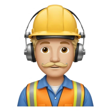 construction worker with blond long curly hair and protective headphones and mustache sticker