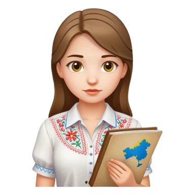 A Ukrainian girl in a white embroidered shirt holds a map of Ukraine sticker