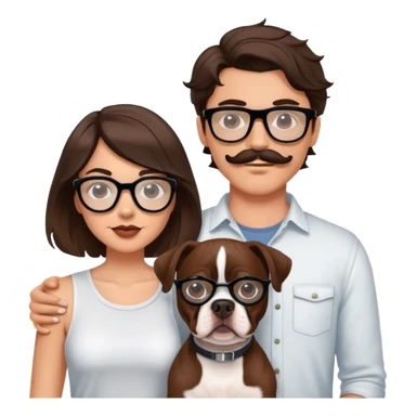 young hip cool couple wavy hair brunette man w wire glasses and mustache and brunette girl with bob and a brown pitbull boston terrier  sticker