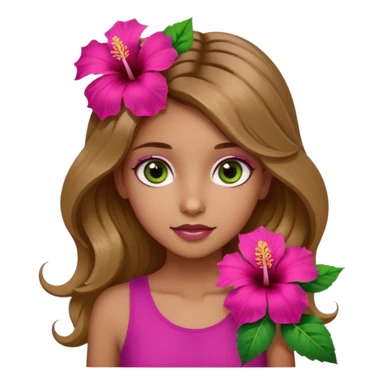 Una ragazza con gli occhi tra il marrone e il verde con gli occhi grandi i capelli lunghi castani quasi biondi lunghi fino alle spalle,poi magra con un top fucsia e uh hibicus sempre fucsia trai capelli  sticker