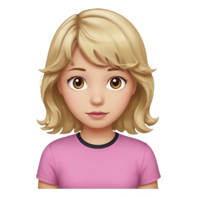 girl with wavy dirty blonde hair and wavy bangs, hazel eyes, white skin, pink cute shirt sticker