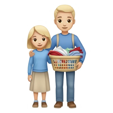 child carrying laundry with a parent, happy and responsible sticker