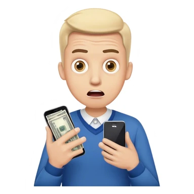 A surprised man holding a smartphone, wide eyes and open mouth, showing a banking app with a negative balance or notification of stolen money, hands in a shocked gesture, light skin tone, modern clothing, simple emoji style sticker