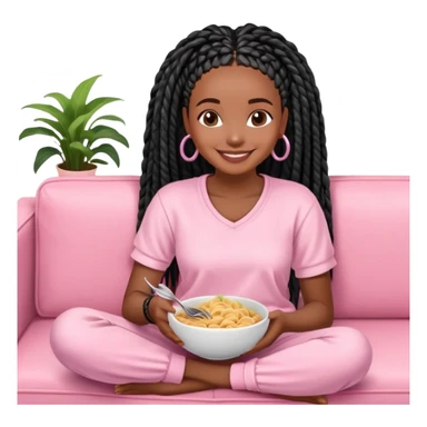 A dark-brown-skinned Black woman with black box braids, sitting on a pink couch, holding a bowl of pasta with a fork, smiling or enjoying the meal. She’s wearing casual, comfy loungewear, relaxed in a cozy setting. sticker