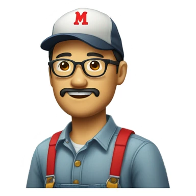 An Asian man with a beard and glasses, wearing an overalls and a button-up shirt and a dark cap with a red letter "M" design sticker