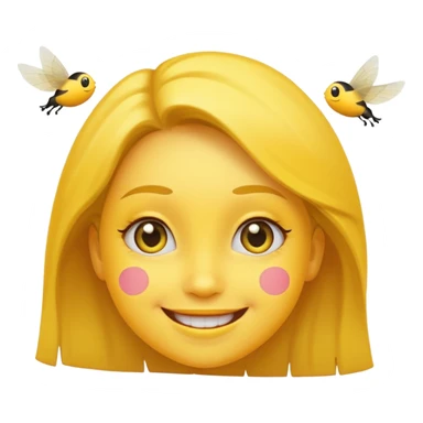 😊🥺 these emojis but with flies around it and its happy yellow face emoji black eyes like the 4th image but its cuter remove the nose make the eyes bigger and fully black and close its mouth make it smile girl whatever sticker