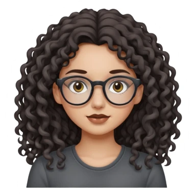 aesthetic white girl with dark brown, long curly hair, she wears a dark grey top and  glasses and her eyes are black sticker