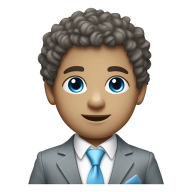 Little young  gentleman wearing a grey suit with white shirt and baby blue tie with blue eyes , white  skin and brown curly hair and full body . Wearing a watch  sticker