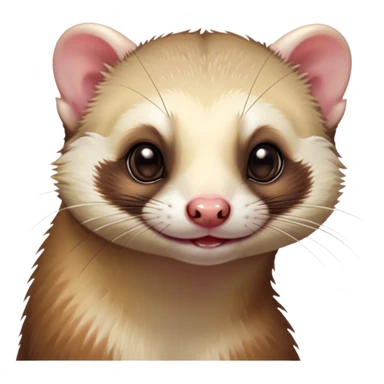 Cinematic Cute Ferret Portrait Emoji, Head tilted playfully, with an elongated, flexible body and a characteristically curious expression, featuring a short, pointed snout, bright, sparkling eyes, and soft fur in warm brown and cream tones, Simplified yet irresistibly adorable features, highly detailed, glowing with a warm, friendly glow, high shine, affectionate and lively, stylized with a touch of whimsical mischief, soft glowing outline, capturing the essence of a fun-loving and mischievous ferret that feels like it could scamper straight into your heart! sticker