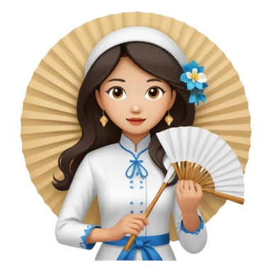 a vietnamese woman wearing a white ao dai holding a folding fan elegantly, wearing a nón lá sticker