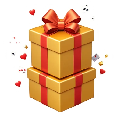 3D emoji style illustration of a big golden gift box with a shiny orange ribbon, a red off-road SUV car jumping out of the box, bright glowing orange background, small playing cards and sparkles flying around, no text, high resolution, square image sticker