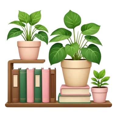 A cute book shelf with a potted pothos plant, and some cute others plants and a pile of books that are beige, cream and baby pink sticker