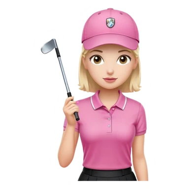 A female golfer with a pink polo shirt, a black skirt, and a white cap. sticker