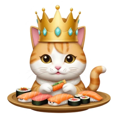 princess cat eating sushi, elegant crown, cute expression, emoji style sticker