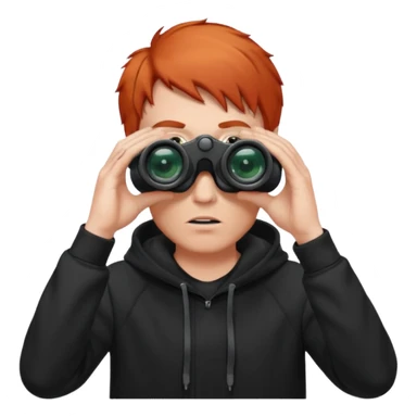 A red-haired, short-haired man without a beard, wearing a black hoodie, looks through binoculars sticker