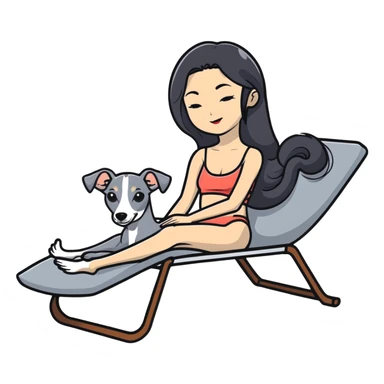 Very thin Chinese woman with long black hair relaxing on a spa lounger with exactly ONE Italian greyhound. CRITICAL REQUIREMENT: the dog must be ONLY ONE SOLID GREY COLOR from nose to tail with NO WHITE or LIGHT AREAS anywhere - NO white face, NO white muzzle, NO white chest, NO white paws, NO white tail tip - NOTHING BUT A SINGLE SHADE OF GREY throughout the entire animal sticker