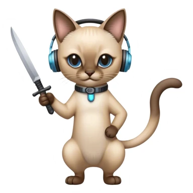 A Siamese cat with headphones stands on its hind legs, hides a knife behind its back and grins suspiciously sticker
