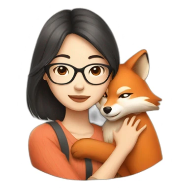 Young Asian woman with glasses hugging a fox sticker