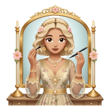  Middle Eastern-inspired moment of a woman getting ready in front of a mirror. She wears a delicate floral dress with sheer, flowy sleeves, accessorized with gold jewelry and traditional pearl-adorned hair clips. Her  as she applies mascara, her reflection revealing a soft smile.  sticker