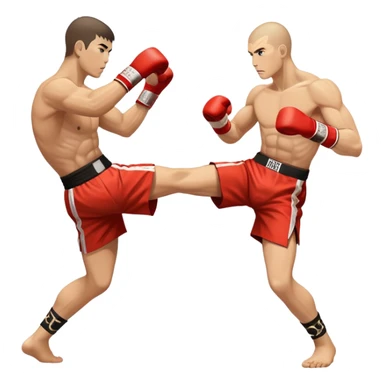 An icon showcasing a kickboxer in action, using precise techniques with both feet and elbows. One fighter delivers a powerful kick to the opponent's legs, while the other counters with an elbow strike. The background features a ring and a dynamic atmosphere. Transparent background  sticker