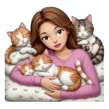 girl with long wavy brown hair, brown eyes, long lashes makeup, sexy pink lips, light to medium complexion,  sleeping on a cozy pillow, with 6 cats: 1 brown and white tabby cat, 1 ginger and white, 2 grey and white, 1 grey with white mittens and small white patch on chest and 1 calico, sleeping sticker
