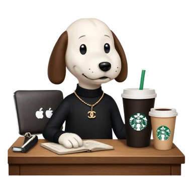 snoopy in a desk with starbucks and his chanel purse sticker