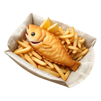 Cinematic Realistic Fish and Chips Dish Emoji, depicted with crispy golden battered fish and chunky hand‚Äêcut chips served in traditional newspaper wrapping, rendered with mouth‚Äêwatering texture and warm natural lighting that captures its quintessential British charm. sticker