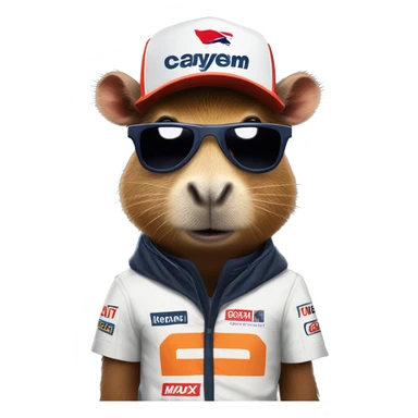 capybara dressed in a max verstappen outfit with a poster of him sticker