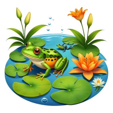 Icon for Amphibians: A colorful collage featuring a frog sitting on a lily pad, a salamander crawling on the ground, and a newt swimming in water. The background features lily flowers and a calm pond setting. Transparent background. sticker
