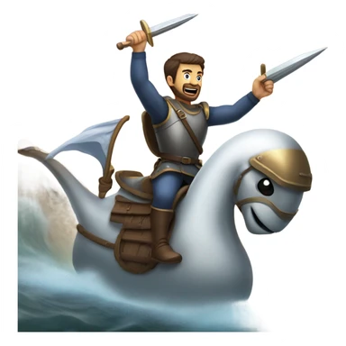 Confident armored White Man with dark brown hair and a short beard pointing forward with one arm yelling a battle charge while riding on the back of a giant armored duck sticker
