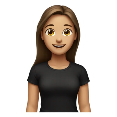 a happy girl with a black t shirt, long hair, brown eyes and brown hair, in front of a world  sticker