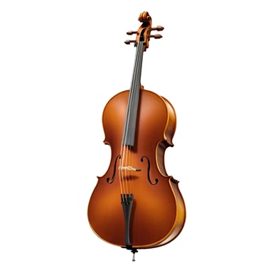 Create an elegant and refined emoji representing the Cremona cello with a Hans Klein HKCB bow. The design should feature the curved wooden body of the cello with a rich, glossy finish, capturing its classical shape and intricate details. The bow should be displayed with fine craftsmanship, highlighting the hair and the smooth, polished wooden stick. Include subtle musical notes floating around the instrument to emphasize its rich, melodic sound. Use deep wood tones like chestnut brown, gold accents for the fittings, and soft lighting effects to give the instrument a timeless, professional feel. The background should be transparent. sticker