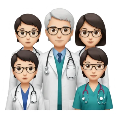 Four doctors standing together:

a female doctor with dark-colored short bob hair,

a young male doctor,

an older male doctor with white hair wearing glasses,

and a female doctor wearing glasses. sticker