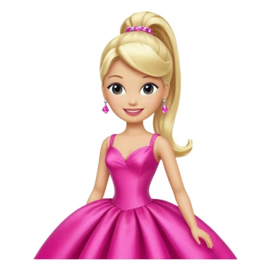 En klassisk blond modedukke med høj hestehale, iført en glamourøs hot pink aftenkjole, skinnende plastik-tekstur, smilende, ikonisk legetøjs-æstetik. sticker