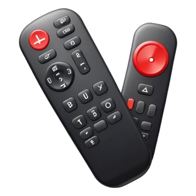 One big black tv remote control with red border, frontal face in  2 dimensions. The remote control have to have 4 buttons in black and one big one big red play button in the middle sticker