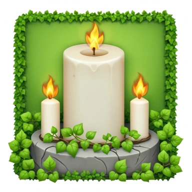 Gravsten med lite ivy som klättrar på den och framför i gräset på marken ett stående vitt brinnande blockljus sticker